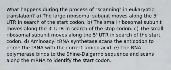 What happens during the process of "scanning" in eukaryotic translation? a) The large ribosomal subunit moves along the 5' UTR in search of the start codon. b) The small ribosomal subunit moves along the 3' UTR in search of the stop codon. c) The small ribosomal subunit moves along the 5' UTR in search of the start codon. d) Aminoacyl tRNA synthetase scans the anticodon to prime the tRNA with the correct amino acid. e) The RNA polymerase binds to the Shine-Dalgarno sequence and scans along the mRNA to identify the start codon.