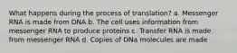 What happens during the process of translation? a. Messenger RNA is made from DNA b. The cell uses information from messenger RNA to produce proteins c. Transfer RNA is made from messenger RNA d. Copies of DNa molecules are made