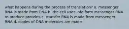 what happens during the process of translation? a. messenger RNA is made from DNA b. the cell uses info form messenger RNA to produce proteins c. transfer RNA is made from messenger RNA d. copies of DNA molecules are made