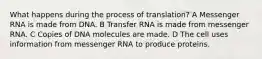 What happens during the process of translation? A Messenger RNA is made from DNA. B Transfer RNA is made from messenger RNA. C Copies of DNA molecules are made. D The cell uses information from messenger RNA to produce proteins.