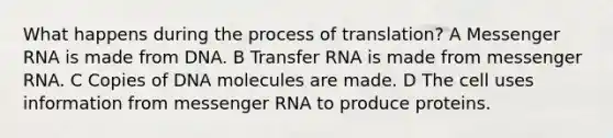 What happens during the process of translation? A <a href='https://www.questionai.com/knowledge/kDttgcz0ig-messenger-rna' class='anchor-knowledge'>messenger rna</a> is made from DNA. B <a href='https://www.questionai.com/knowledge/kYREgpZMtc-transfer-rna' class='anchor-knowledge'>transfer rna</a> is made from messenger RNA. C Copies of DNA molecules are made. D The cell uses information from messenger RNA to produce proteins.