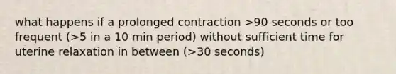 what happens if a prolonged contraction >90 seconds or too frequent (>5 in a 10 min period) without sufficient time for uterine relaxation in between (>30 seconds)