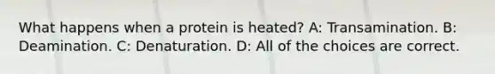 What happens when a protein is heated? A: Transamination. B: Deamination. C: Denaturation. D: All of the choices are correct.