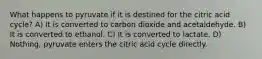 What happens to pyruvate if it is destined for the citric acid cycle? A) It is converted to carbon dioxide and acetaldehyde. B) It is converted to ethanol. C) It is converted to lactate. D) Nothing, pyruvate enters the citric acid cycle directly.