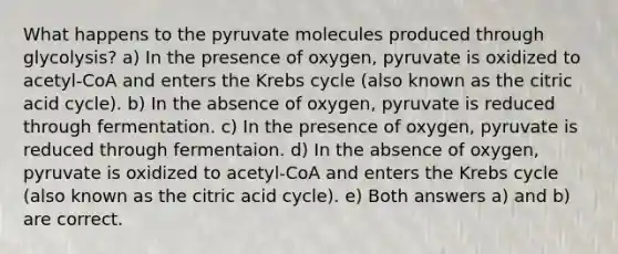 What happens to the pyruvate molecules produced through glycolysis? a) In the presence of oxygen, pyruvate is oxidized to acetyl-CoA and enters the <a href='https://www.questionai.com/knowledge/kqfW58SNl2-krebs-cycle' class='anchor-knowledge'>krebs cycle</a> (also known as the citric acid cycle). b) In the absence of oxygen, pyruvate is reduced through fermentation. c) In the presence of oxygen, pyruvate is reduced through fermentaion. d) In the absence of oxygen, pyruvate is oxidized to acetyl-CoA and enters the Krebs cycle (also known as the citric acid cycle). e) Both answers a) and b) are correct.