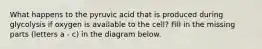 What happens to the pyruvic acid that is produced during glycolysis if oxygen is available to the cell? Fill in the missing parts (letters a - c) in the diagram below.