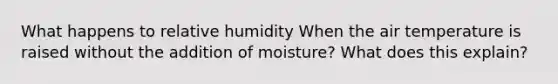 What happens to relative humidity When the air temperature is raised without the addition of moisture? What does this explain?