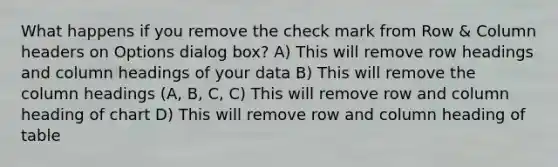 What happens if you remove the check mark from Row & Column headers on Options dialog box? A) This will remove row headings and column headings of your data B) This will remove the column headings (A, B, C, C) This will remove row and column heading of chart D) This will remove row and column heading of table