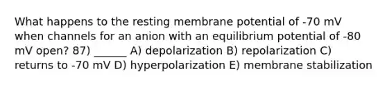 What happens to the resting membrane potential of -70 mV when channels for an anion with an equilibrium potential of -80 mV open? 87) ______ A) depolarization B) repolarization C) returns to -70 mV D) hyperpolarization E) membrane stabilization