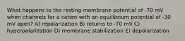 What happens to the resting membrane potential of -70 mV when channels for a cation with an equilibrium potential of -30 mV open? A) repolarization B) returns to -70 mV C) hyperpolarization D) membrane stabilization E) depolarization