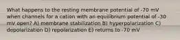 What happens to the resting membrane potential of -70 mV when channels for a cation with an equilibrium potential of -30 mV open? A) membrane stabilization B) hyperpolarization C) depolarization D) repolarization E) returns to -70 mV