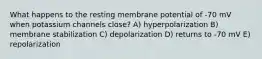 What happens to the resting membrane potential of -70 mV when potassium channels close? A) hyperpolarization B) membrane stabilization C) depolarization D) returns to -70 mV E) repolarization