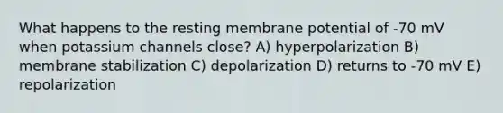 What happens to the resting membrane potential of -70 mV when potassium channels close? A) hyperpolarization B) membrane stabilization C) depolarization D) returns to -70 mV E) repolarization