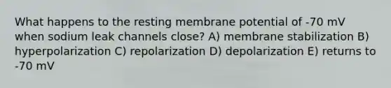 What happens to the resting membrane potential of -70 mV when sodium leak channels close? A) membrane stabilization B) hyperpolarization C) repolarization D) depolarization E) returns to -70 mV