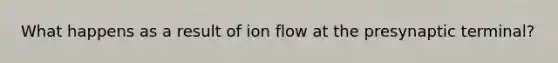 What happens as a result of ion flow at the presynaptic terminal?