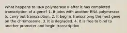 What happens to RNA polymerase II after it has completed transcription of a gene? 1. It joins with another RNA polymerase to carry out transcription. 2. It begins transcribing the next gene on the chromosome. 3. It is degraded. 4. It is free to bind to another promoter and begin transcription.