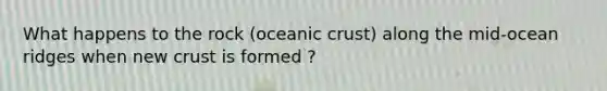 What happens to the rock (<a href='https://www.questionai.com/knowledge/kPVS0KdHos-oceanic-crust' class='anchor-knowledge'>oceanic crust</a>) along the mid-ocean ridges when new crust is formed ?