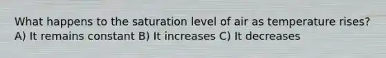 What happens to the saturation level of air as temperature rises? A) It remains constant B) It increases C) It decreases