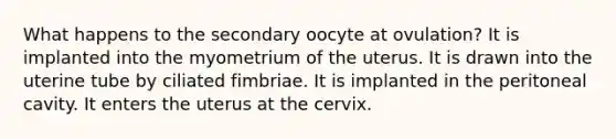 What happens to the secondary oocyte at ovulation? It is implanted into the myometrium of the uterus. It is drawn into the uterine tube by ciliated fimbriae. It is implanted in the peritoneal cavity. It enters the uterus at the cervix.