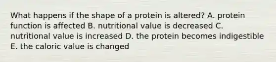 What happens if the shape of a protein is altered? A. protein function is affected B. nutritional value is decreased C. nutritional value is increased D. the protein becomes indigestible E. the caloric value is changed