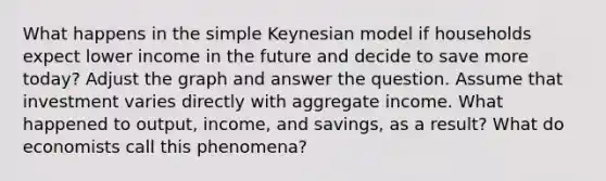 What happens in the simple Keynesian model if households expect lower income in the future and decide to save more today? Adjust the graph and answer the question. Assume that investment varies directly with aggregate income. What happened to output, income, and savings, as a result? What do economists call this phenomena?