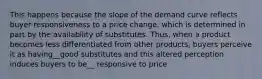 This happens because the slope of the demand curve reflects buyer responsiveness to a price​ change, which is determined in part by the availability of substitutes.​ Thus, when a product becomes less differentiated from other​ products, buyers perceive it as having__good​ substitutes and this altered perception induces buyers to be__ responsive to price