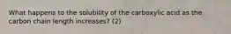 What happens to the solubility of the carboxylic acid as the carbon chain length increases? (2)