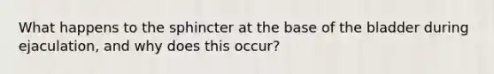 What happens to the sphincter at the base of the bladder during ejaculation, and why does this occur?