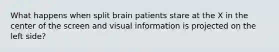 What happens when split brain patients stare at the X in the center of the screen and visual information is projected on the left side?