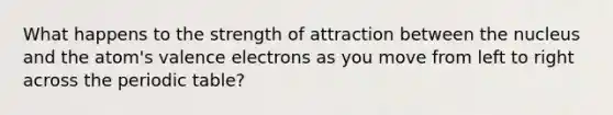 What happens to the strength of attraction between the nucleus and the atom's valence electrons as you move from left to right across the periodic table?