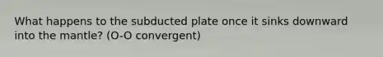 What happens to the subducted plate once it sinks downward into the mantle? (O-O convergent)