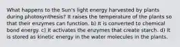 What happens to the Sun's light energy harvested by plants during photosynthesis? It raises the temperature of the plants so that their enzymes can function. b) It is converted to chemical bond energy. c) It activates the enzymes that create starch. d) It is stored as kinetic energy in the water molecules in the plants.