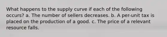 What happens to the supply curve if each of the following occurs? a. The number of sellers decreases. b. A per-unit tax is placed on the production of a good. c. The price of a relevant resource falls.