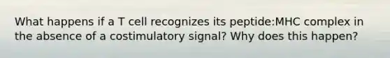 What happens if a T cell recognizes its peptide:MHC complex in the absence of a costimulatory signal? Why does this happen?