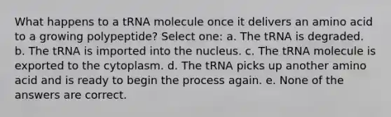 What happens to a tRNA molecule once it delivers an amino acid to a growing polypeptide? Select one: a. The tRNA is degraded. b. The tRNA is imported into the nucleus. c. The tRNA molecule is exported to the cytoplasm. d. The tRNA picks up another amino acid and is ready to begin the process again. e. None of the answers are correct.