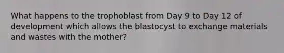 What happens to the trophoblast from Day 9 to Day 12 of development which allows the blastocyst to exchange materials and wastes with the mother?