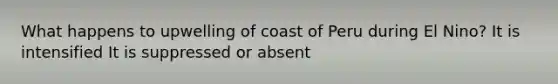 What happens to upwelling of coast of Peru during El Nino? It is intensified It is suppressed or absent