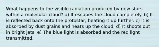 What happens to the visible radiation produced by new stars within a molecular cloud? a) It escapes the cloud completely. b) It is reflected back onto the protostar, heating it up further. c) It is absorbed by dust grains and heats up the cloud. d) It shoots out in bright jets. e) The blue light is absorbed and the red light transmitted.