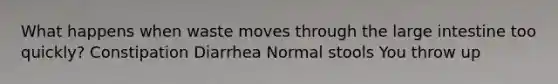 What happens when waste moves through the <a href='https://www.questionai.com/knowledge/kGQjby07OK-large-intestine' class='anchor-knowledge'>large intestine</a> too quickly? Constipation Diarrhea Normal stools You throw up