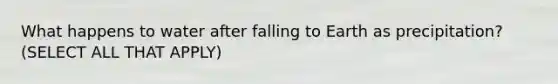 What happens to water after falling to Earth as precipitation? (SELECT ALL THAT APPLY)