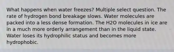 What happens when water freezes? Multiple select question. The rate of hydrogen bond breakage slows. Water molecules are packed into a less dense formation. The H2O molecules in ice are in a much more orderly arrangement than in the liquid state. Water loses its hydrophilic status and becomes more hydrophobic.