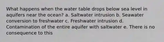 What happens when the water table drops below sea level in aquifers near the ocean? a. Saltwater intrusion b. Seawater conversion to freshwater c. Freshwater intrusion d. Contamination of the entire aquifer with saltwater e. There is no consequence to this