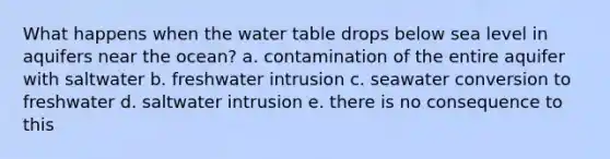 What happens when <a href='https://www.questionai.com/knowledge/kra6qgcwqy-the-water-table' class='anchor-knowledge'>the water table</a> drops below sea level in aquifers near the ocean? a. contamination of the entire aquifer with saltwater b. freshwater intrusion c. seawater conversion to freshwater d. saltwater intrusion e. there is no consequence to this