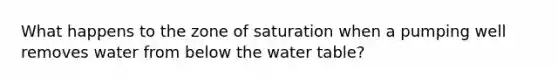 What happens to the zone of saturation when a pumping well removes water from below the water table?