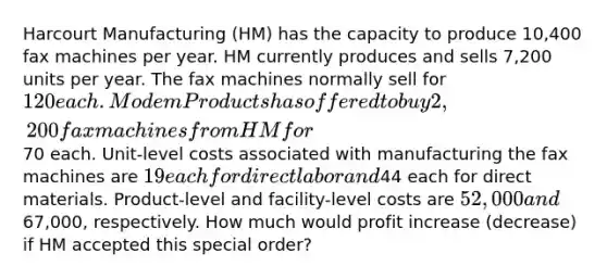 Harcourt Manufacturing (HM) has the capacity to produce 10,400 fax machines per year. HM currently produces and sells 7,200 units per year. The fax machines normally sell for 120 each. Modem Products has offered to buy 2,200 fax machines from HM for70 each. Unit-level costs associated with manufacturing the fax machines are 19 each for direct labor and44 each for direct materials. Product-level and facility-level costs are 52,000 and67,000, respectively. How much would profit increase (decrease) if HM accepted this special order?