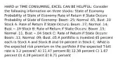 HARD or TIME CONSUMING, EXCEL CAN BE HELPFUL: Consider the following information on three stocks: State of Economy Probability of State of Economy Rate of Return if State Occurs Probability of State of Economy: Boom .25; Normal .65, Bust .10 Stock A: Rate of Return if State Occurs: Boom .27; Normal .14; Bust −.19 Stock B: Rate of Return if State Occurs: Boom .15; Normal .11; Bust −.04 Stock C: Rate of Return if State Occurs: Boom .11; Normal .09; Bust .05 A portfolio is invested 45 percent each in Stock A and Stock B and 10 percent in Stock C. What is the expected risk premium on the portfolio if the expected T-bill rate is 3.2 percent? A) 11.47 percent B) 12.38 percent C) 1.67 percent D) 4.29 percent E) 8.71 percent