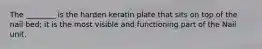 The ________ is the harden keratin plate that sits on top of the nail bed; it is the most visible and functioning part of the Nail unit.