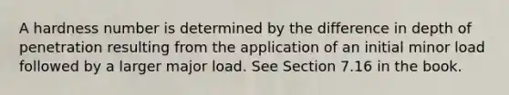 A hardness number is determined by the difference in depth of penetration resulting from the application of an initial minor load followed by a larger major load. See Section 7.16 in the book.