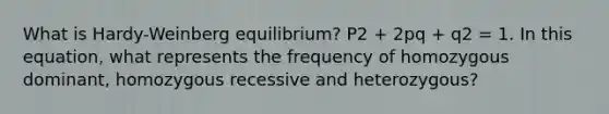 What is Hardy-Weinberg equilibrium? P2 + 2pq + q2 = 1. In this equation, what represents the frequency of homozygous dominant, homozygous recessive and heterozygous?