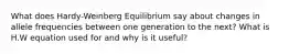 What does Hardy-Weinberg Equilibrium say about changes in allele frequencies between one generation to the next? What is H.W equation used for and why is it useful?